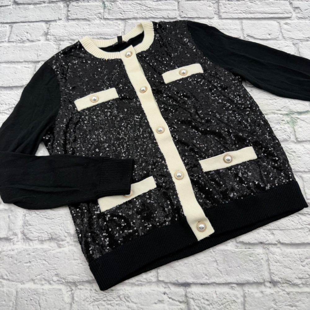 Talbots Womens Small Black Sequin Front Cardigan Pearl Button Cream Trim Sweater